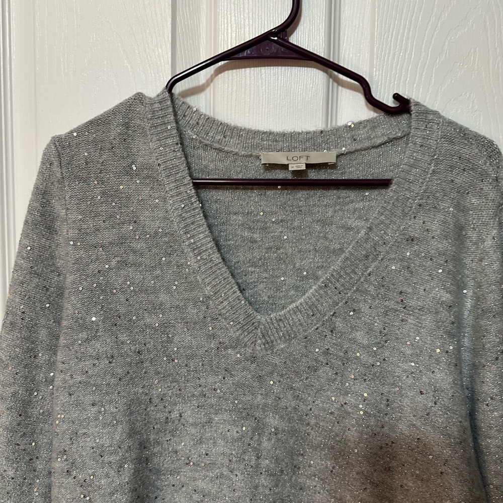 Loft Gray V-Neck Sweater With Silver Threads and Covered Silver Sequins Size M - Picture 3 of 6